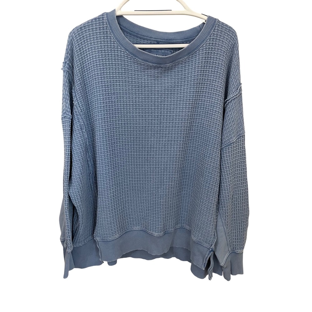 American Eagle Big Hug Waffle Crew Neck Sweatshirt Blue Size M Sun Fade Look